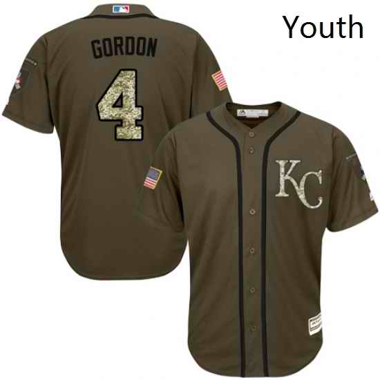 Youth Majestic Kansas City Royals 4 Alex Gordon Replica Green Salute to Service MLB Jersey